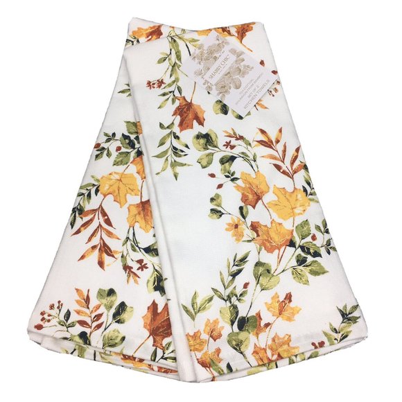 2 Shabby Chic Fall Leaves Terry Kitchen Towel Green Orange Yellow Rust Gold Foil - Picture 1 of 8